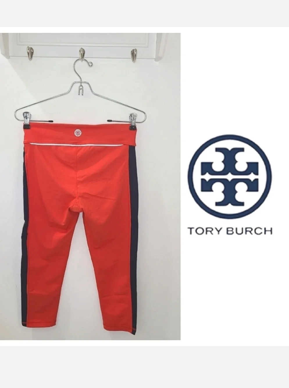 Tory Burch Sport Orange with Navy Blue Side Stripe Crop Leggings Sz S